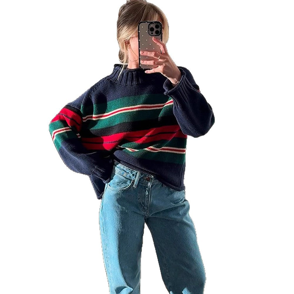 Women Striped Oversize Knit Sweater with Raglan Sleeves Chichicherry