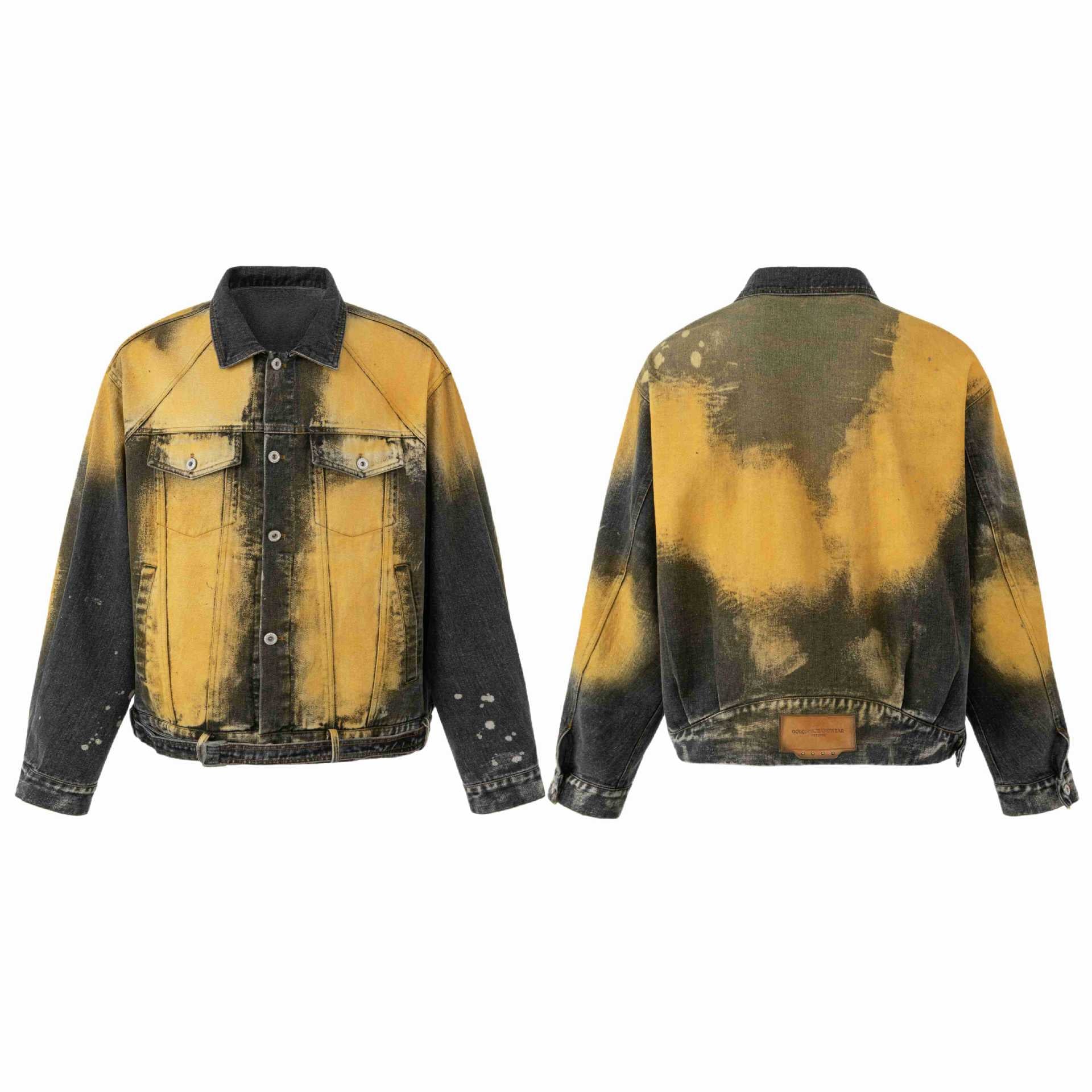 Men's Oversized Denim Jacket Vintage Washed with Splatter Effect and Adjustable Waist Chichicherry