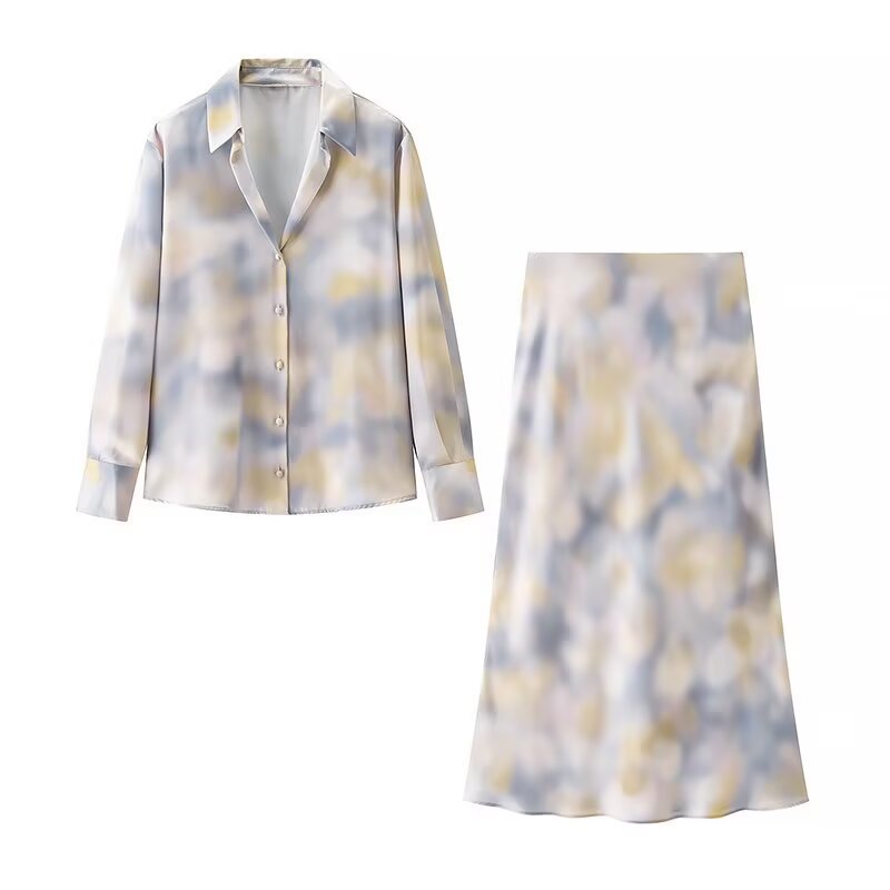 Women's Silky Two-Piece Blouse and Midi Skirt Set with A-Line Skirt and Abstract Watercolor Print Chichicherry