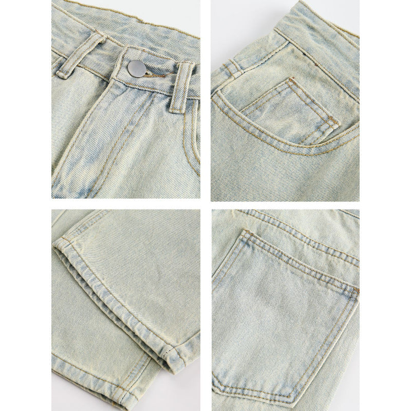 Women's Wide Utility Denim Trousers with Knee Patch, High Waist and Straight Leg Chichicherry