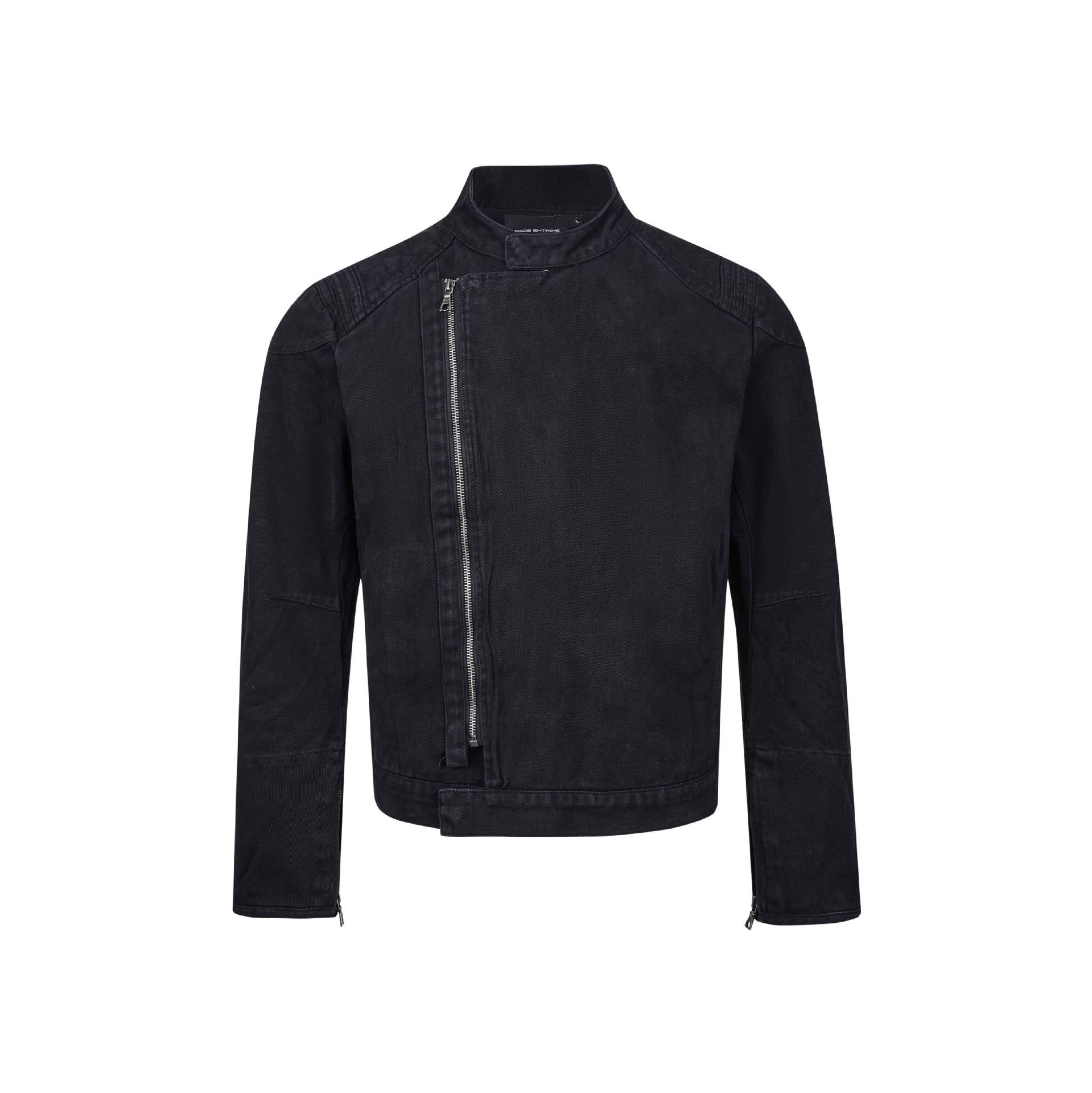 Men's short-cut asymmetric canvas biker jacket with funnel collar and zipper detail Chichicherry