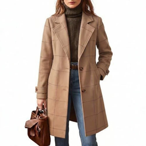 Women's wool coat in check pattern with lapel collar and straight cut Chichicherry