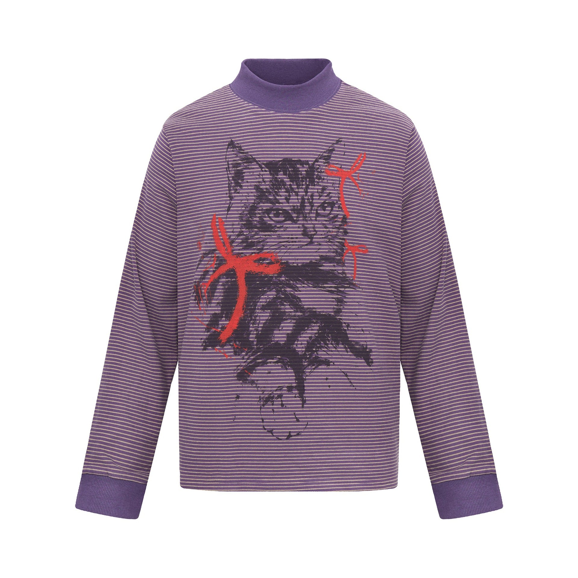 Unisex Striped Long Sleeve with Stand Collar, Oversize Cut and Cat Print Chichicherry