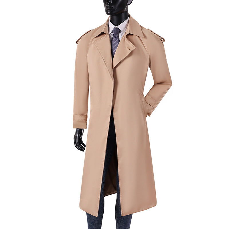 Men's elegant knee- to calf-length trench coat with concealed button placket and shoulder epaulettes Chichicherry