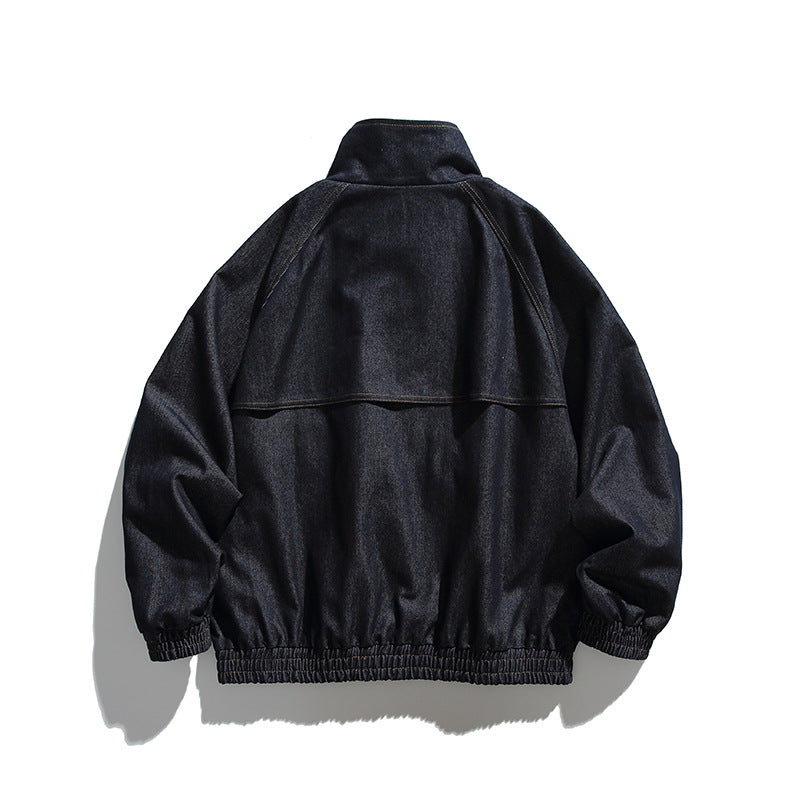 Unisex Boxy Jeans Jacket in Oversized Cut with Stand-Up Collar and Flap Pockets Chichicherry