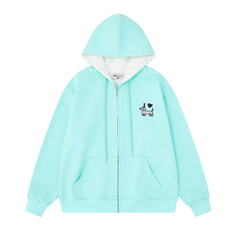 Women’s hooded sweatshirt jacket with embroidered dachshund motif and dotted hood lining Chichicherry