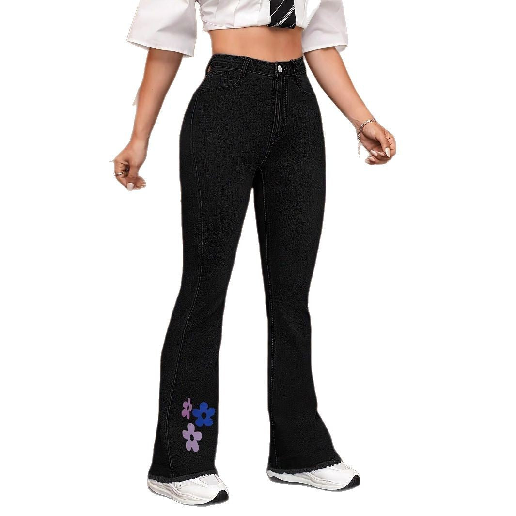 Women's High-Waist Denim Jeans with Slightly Flared Leg and Floral Print Chichicherry