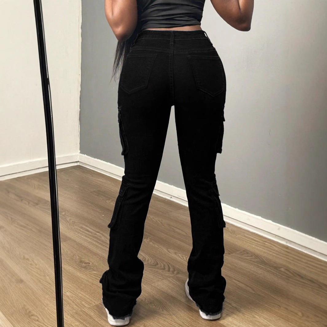 Ladies High-Waisted Cargo Jeans with Multiple Flap Pockets and Long Leg Chichicherry