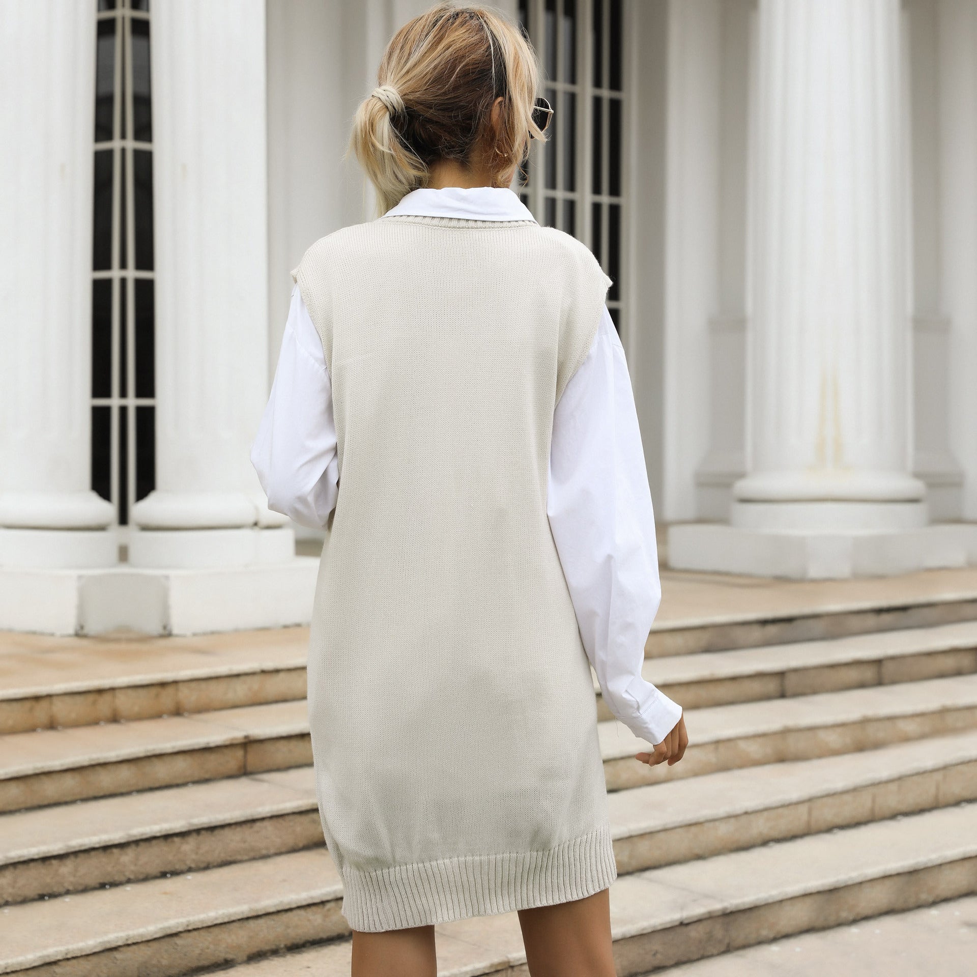 Women's Cable Knit Long Vest with V-Neck and Oversized Silhouette Chichicherry