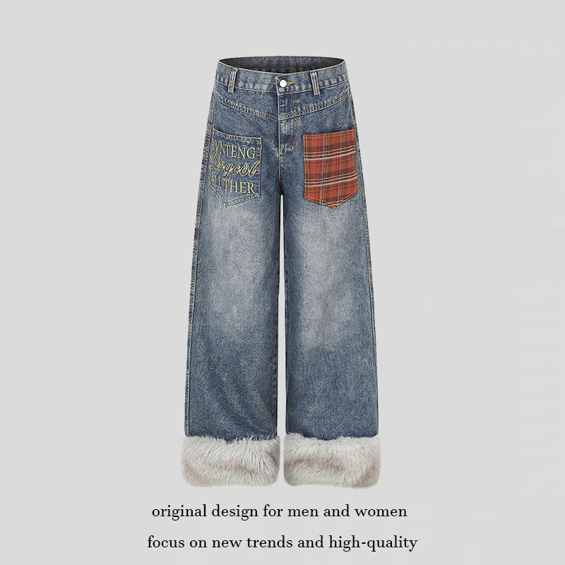 Women wide high-cut denim palazzo pants with check patch pocket and faux fur trim at hem Chichicherry