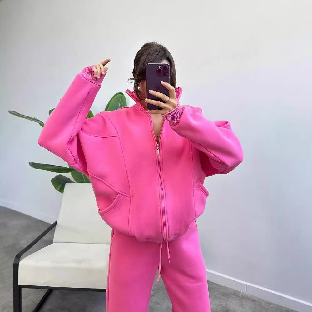 Damen Oversize Fleece-Set mit Reißverschlussjacke und weiten Jogginghosen Chichicherry