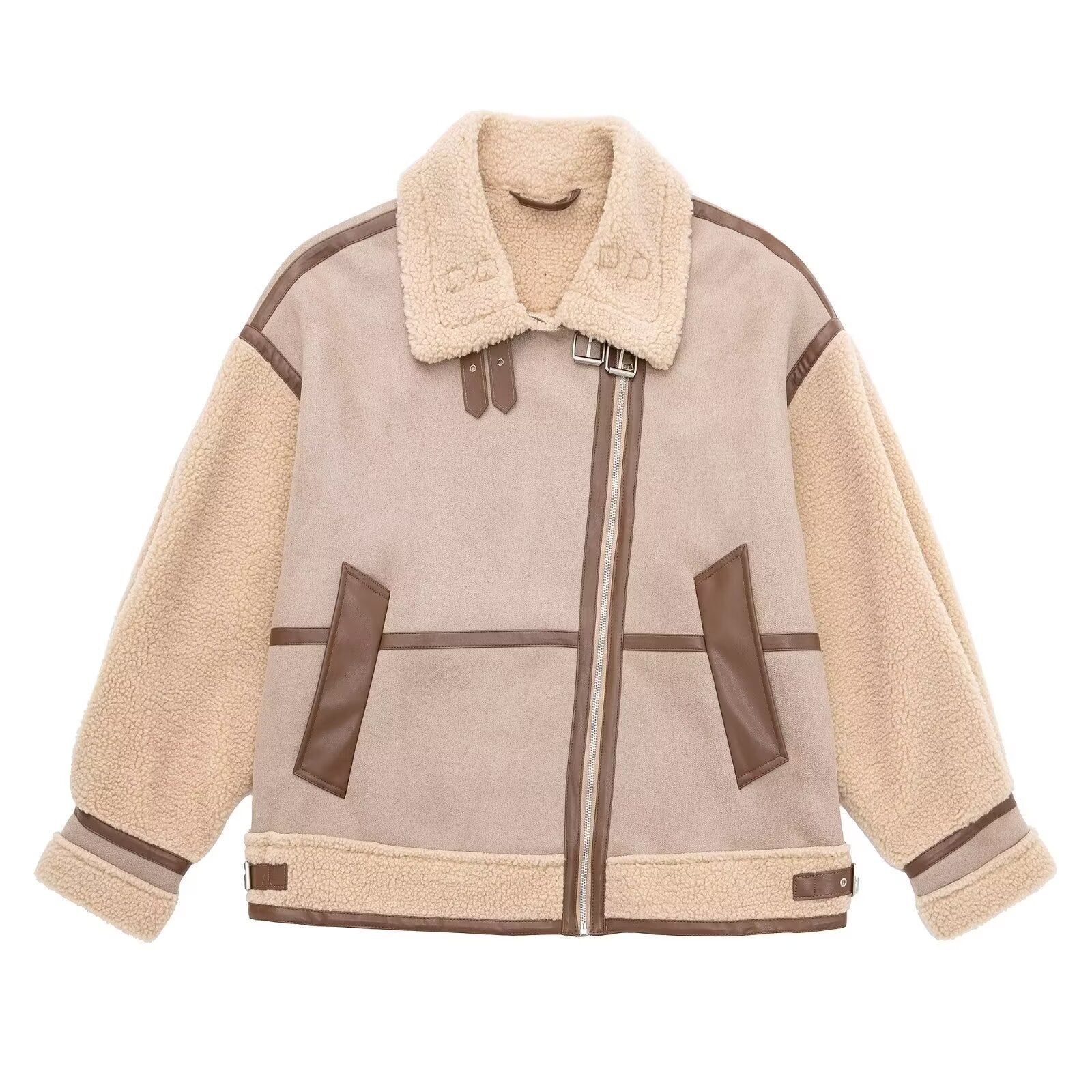 Women's Oversized Flight Jacket with Teddy Lining, Asymmetrical Zip and Faux Leather Details Chichicherry