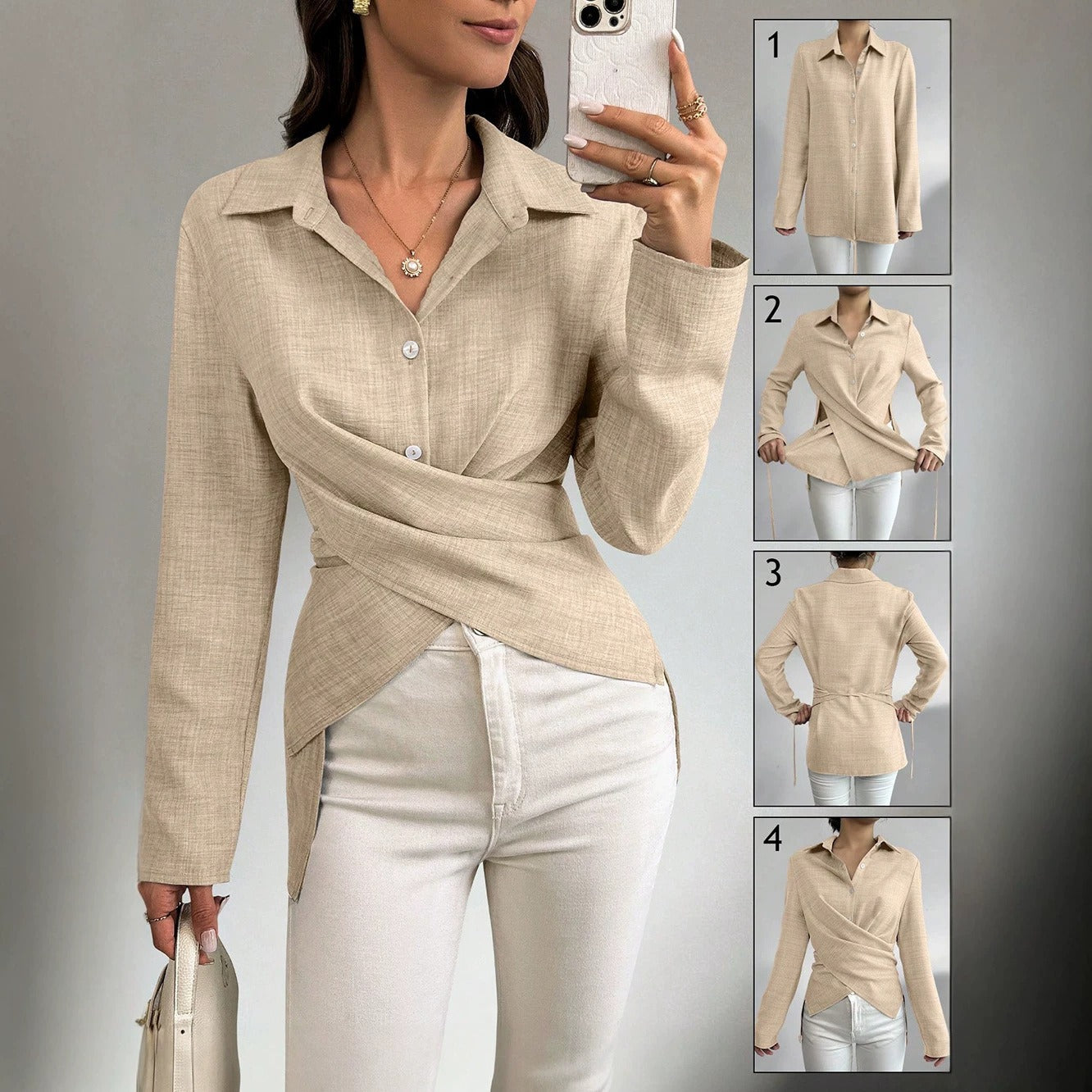 Women's wrap blouse with shirt collar, asymmetrical hem, and side slits Chichicherry