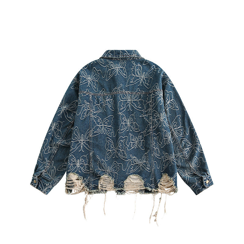 Unisex Oversized Jeans Jacket with Floral Embroidery, Contrast Panels and Frayed Hem Chichicherry