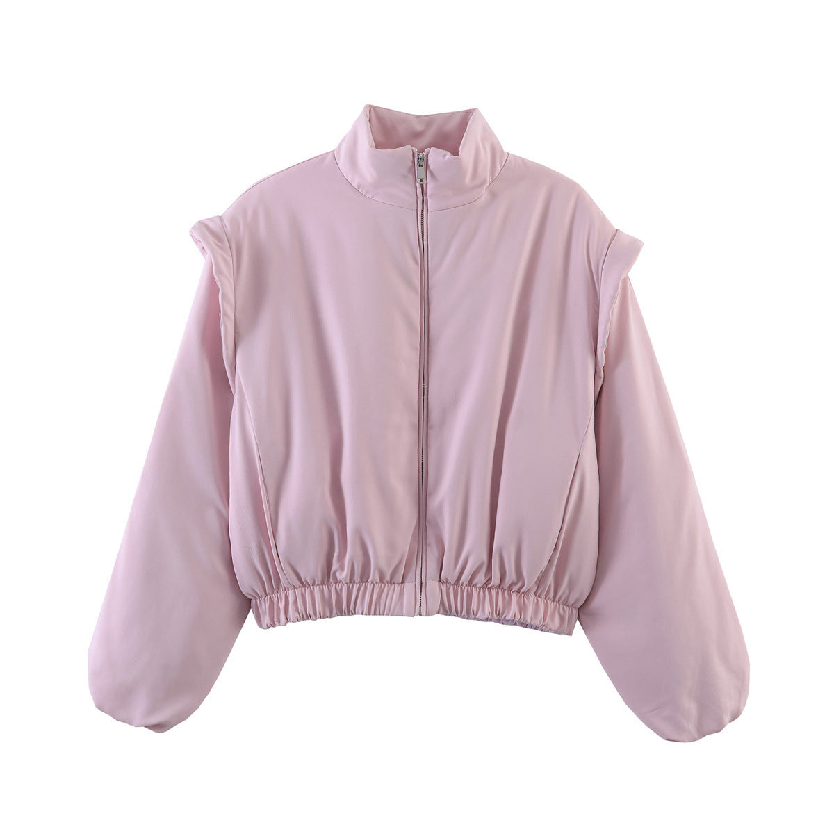 Women Short Cropped Puffer Jacket with Stand-up Collar, Zipper, and Elastic Waist Chichicherry