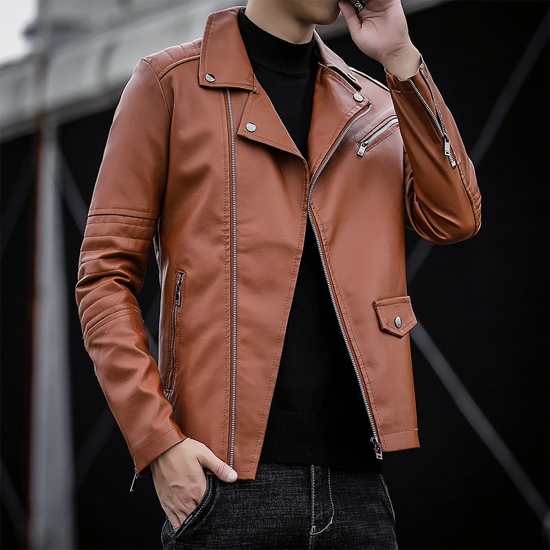 Men's slim fit faux leather moto jacket with quilted shoulder and sleeve detail Chichicherry
