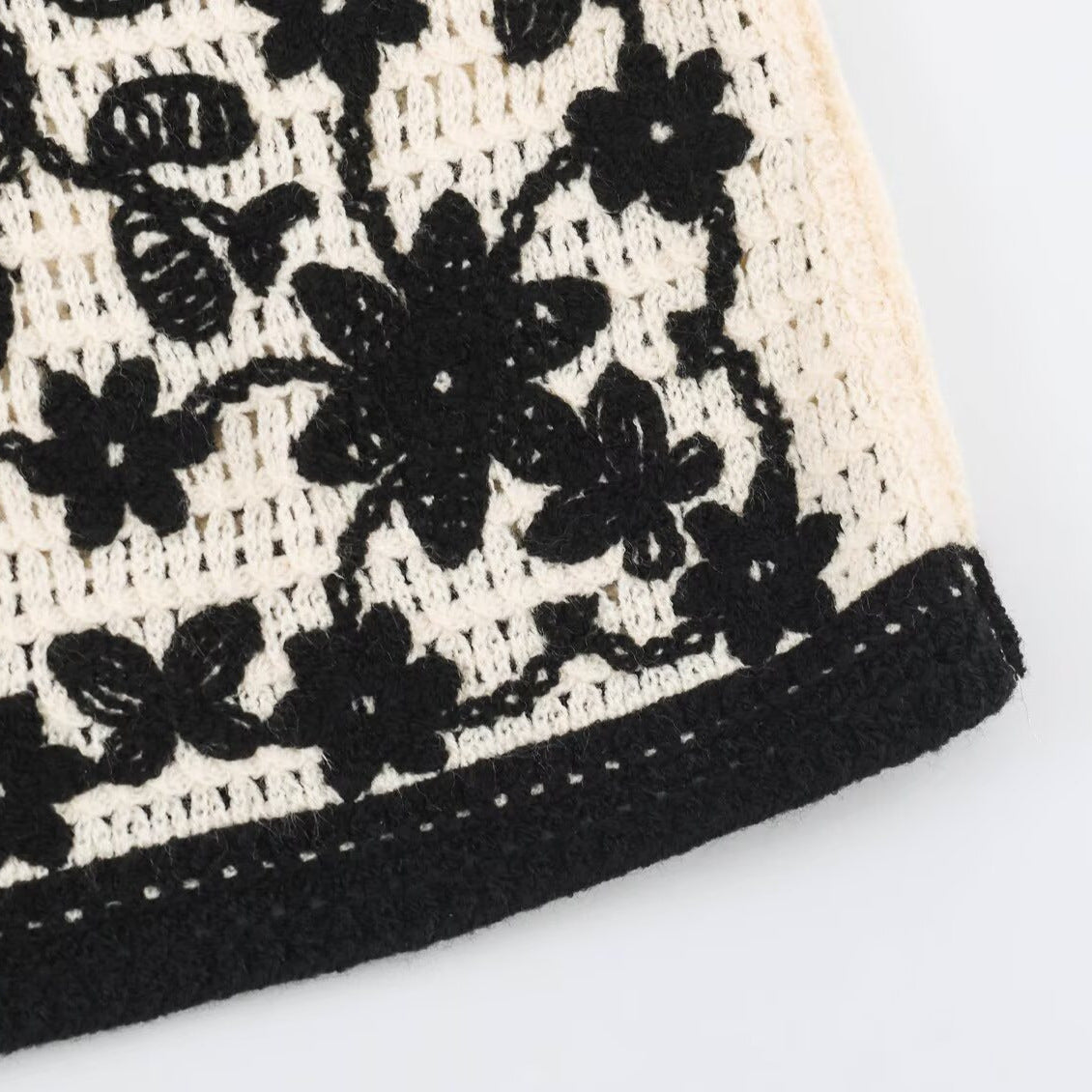 Women's Crocheted Boucle Cardigan with Three-Dimensional Flower Embroidery and Gold Accents Chichicherry