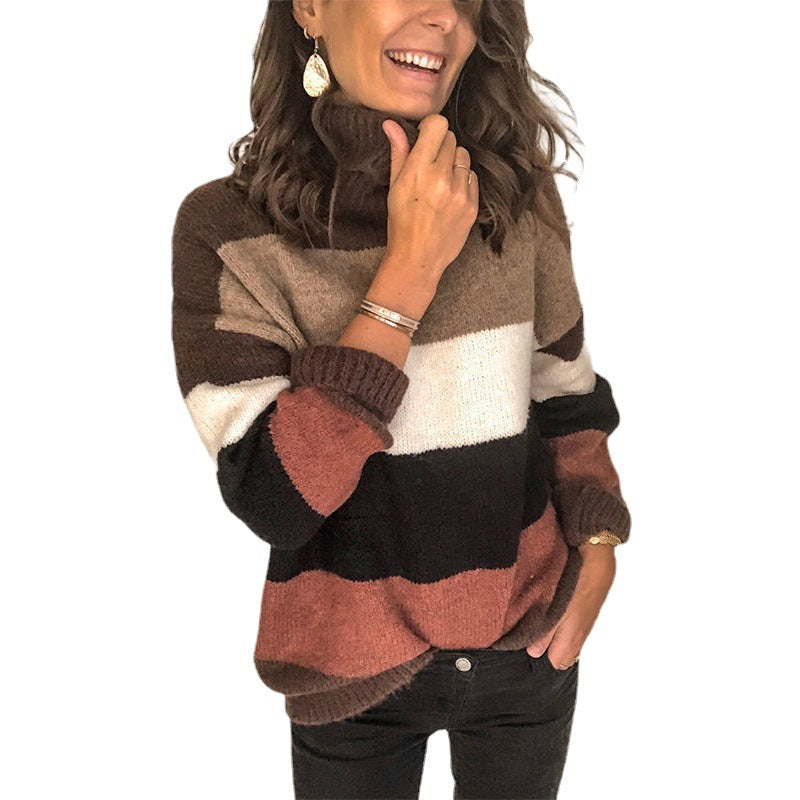 Women's Oversize-Block Stripe Turtleneck Sweater made of fluffy knit Chichicherry