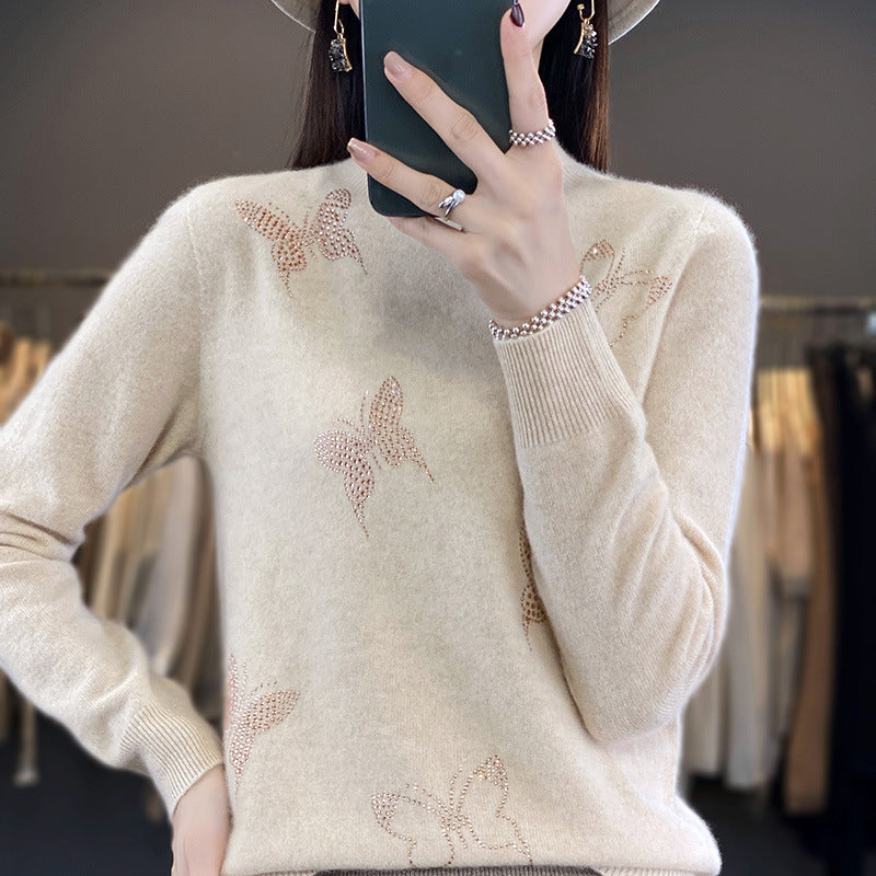 Ladies Stand Collar Fine Knit Sweater with Rhinestone Butterfly Appliqué Chichicherry
