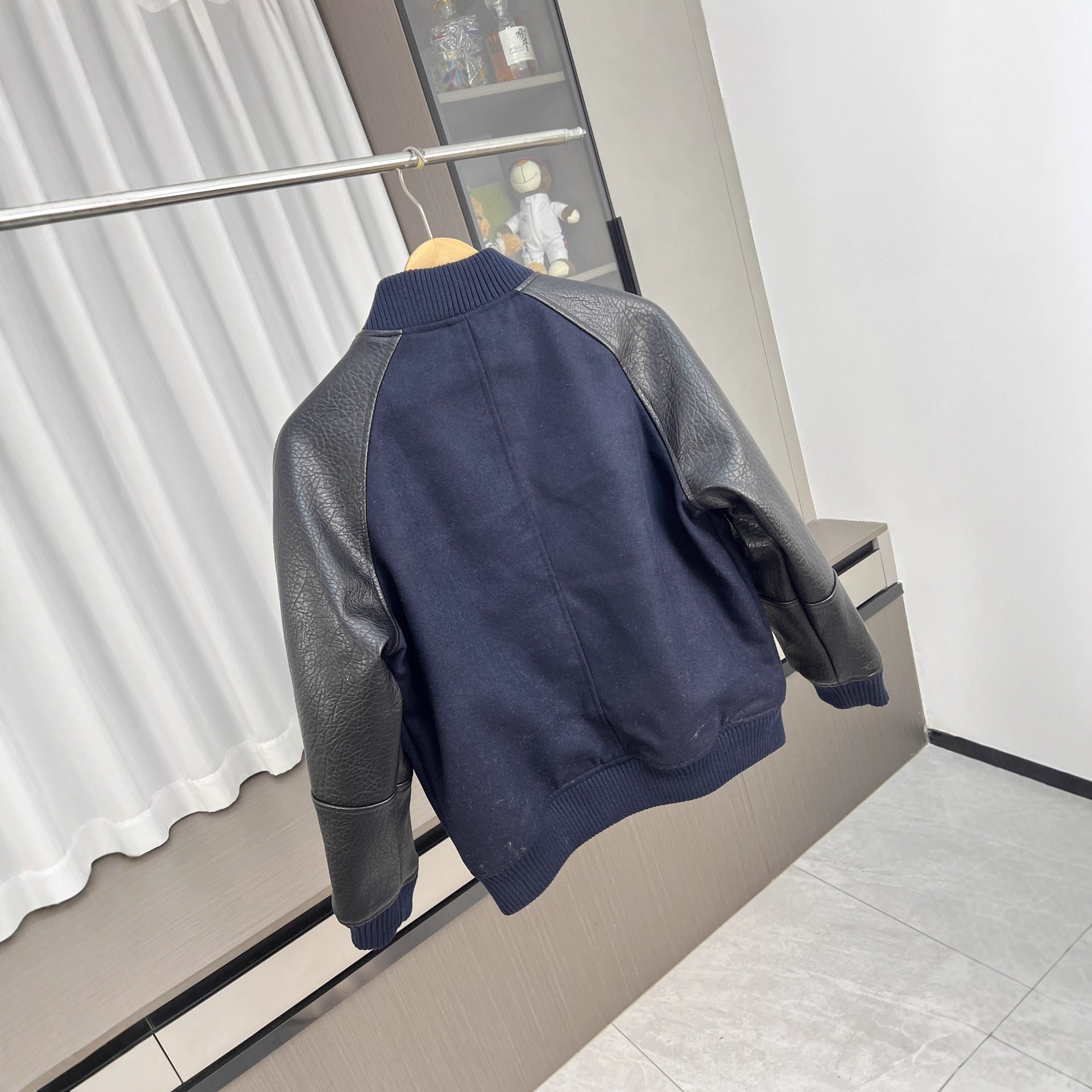 Men's College Bomber Jacket with Wool Blend Body and Structured Leather Look Sleeves Chichicherry