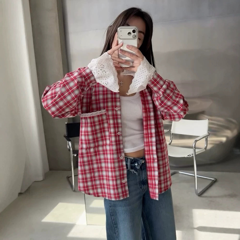 Women’s Oversize Checked Flannel Shirt with Lace Cuffs and Decorative Piping Chichicherry