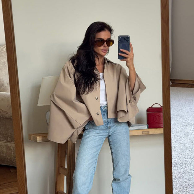 Women's Oversized Cropped Jacket with Voluminous Bat Sleeves and Shirt Collar Chichicherry