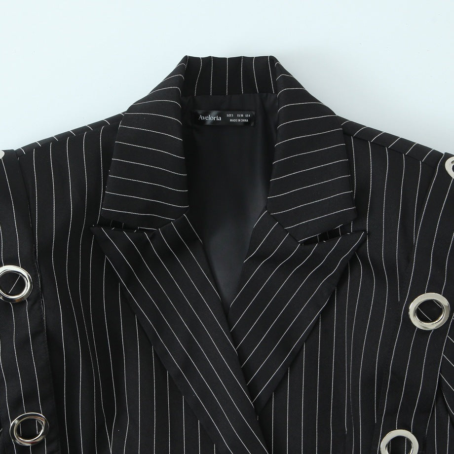Women pinstripe blazer with eyelet application and drawstring Chichicherry