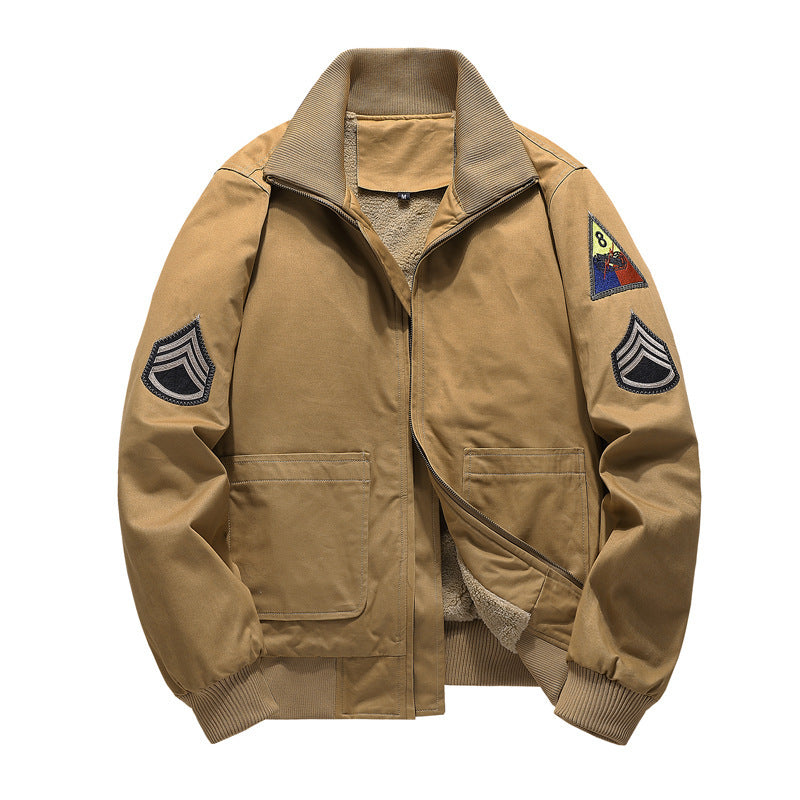 Men's Flight Jacket with Sherpa Lining, Embroidered Patch Details, and Ribbed Hem Chichicherry