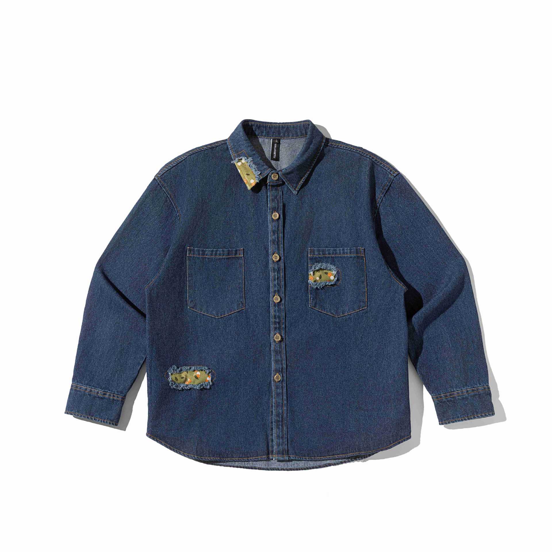 Men's Oversized Denim Shirt Jacket with Used Effects and Camouflage Patches Chichicherry