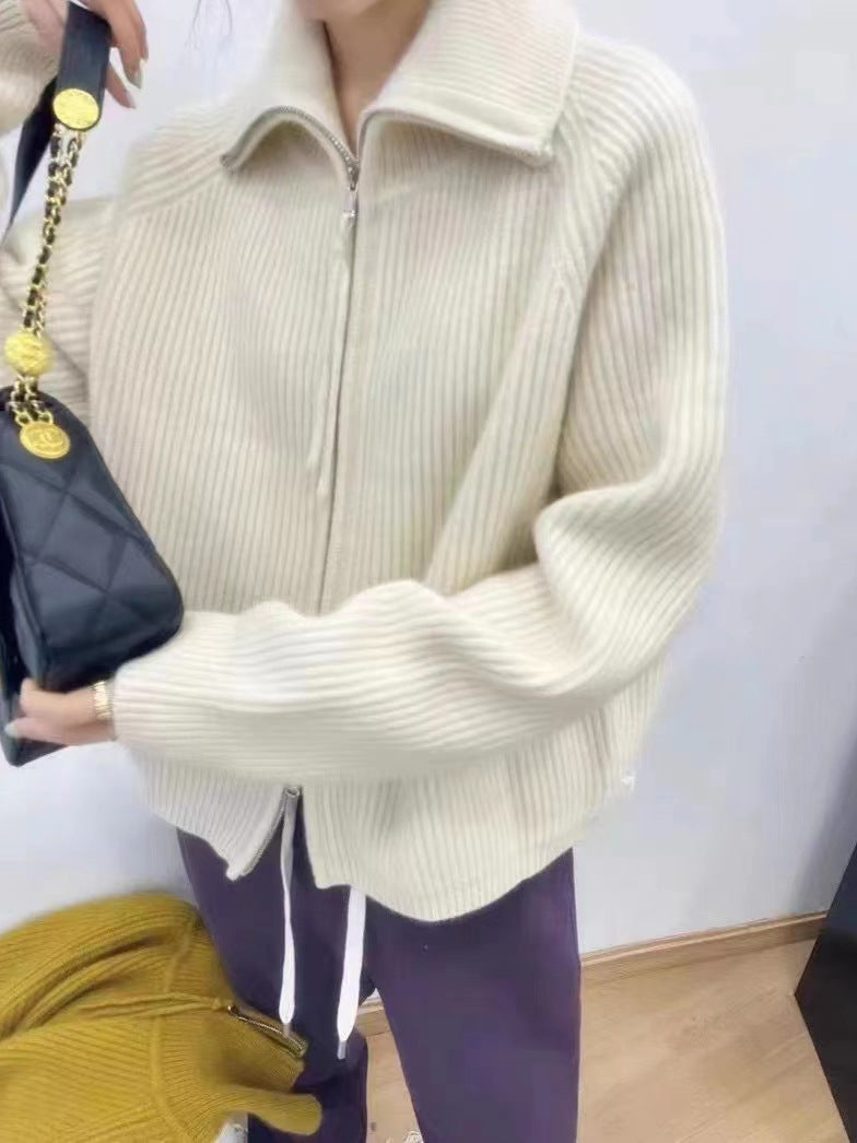 Women Oversized Cardigan with Zipper, Stand-Up Collar and Ribbed Structure Chichicherry