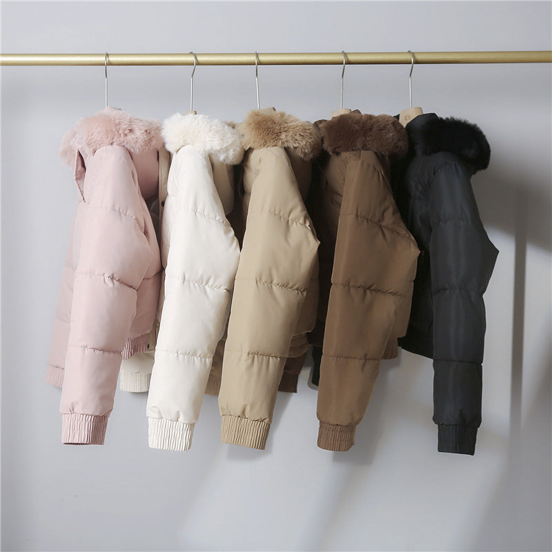 Women's short quilted bomber jacket with warm hood, detachable faux fur trim, elastic waistband, and thermal lining Chichicherry