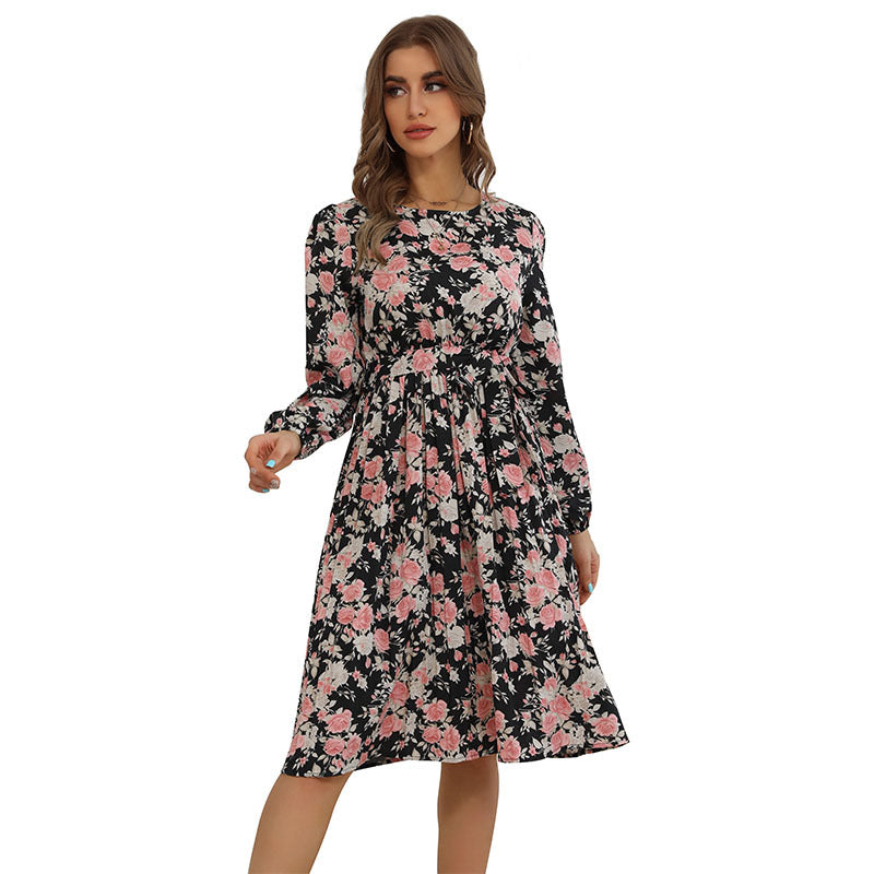 Women's midi dress with floral all-over print, waist gathering, and side slit Chichicherry