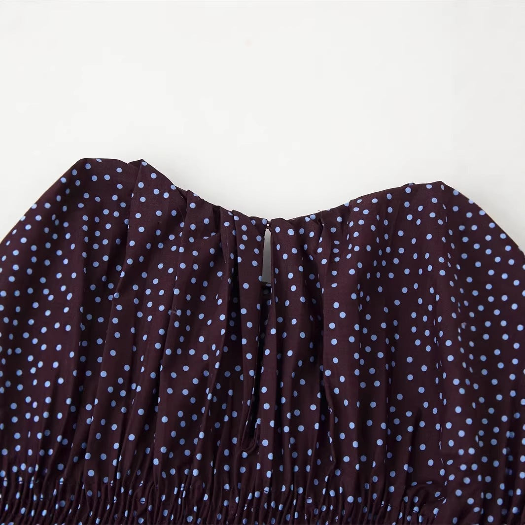 Women gathered polka dot top with elastic smocked body, balloon sleeves and ruffle hem Chichicherry