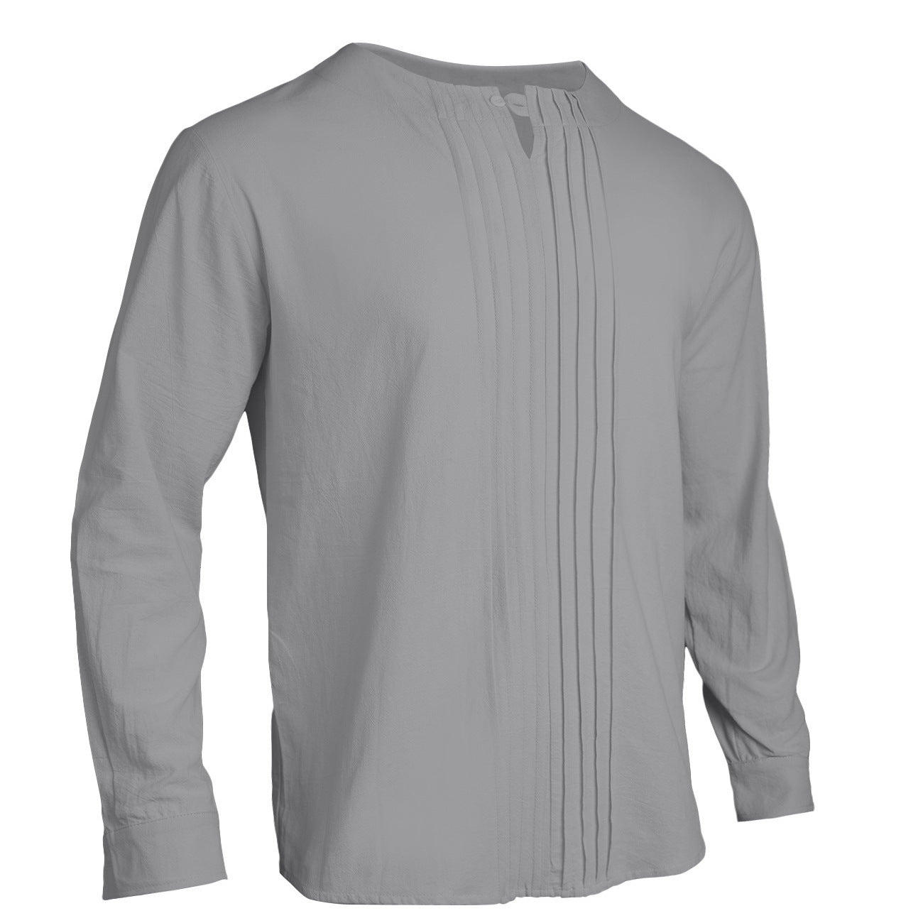 Men's Lightweight Long Sleeve Shirt in Linen Look with Stand-Up Collar, Pleats and Loop Closure Chichicherry