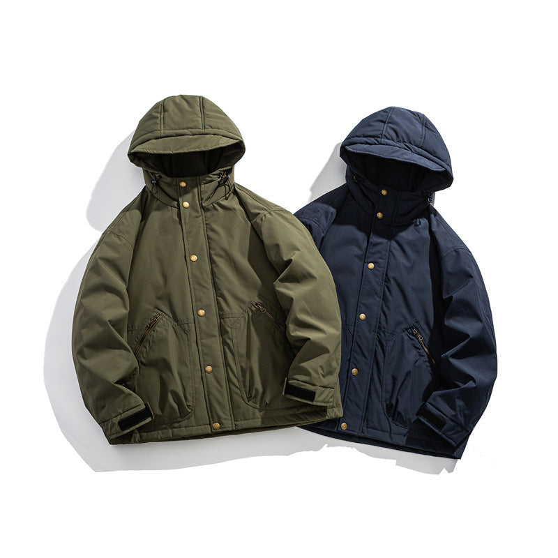 Men's short-cut weatherproof hybrid parka with hood, snap button placket and slanted zipper pockets Chichicherry