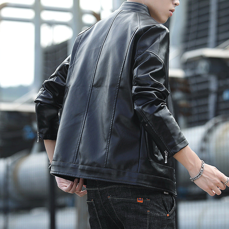 Men's Faux Leather Moto Jacket in Slim Aviator Cut with High Standing Collar and Zipper Sleeves Chichicherry