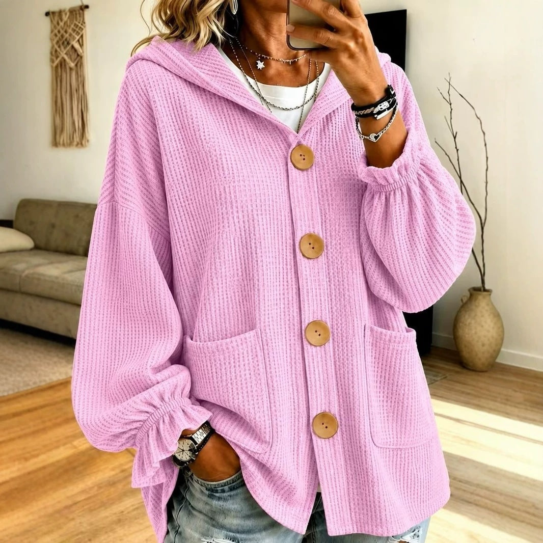 Women's Oversized Hooded Cardigan with Waffle Texture and Wooden Buttons Chichicherry