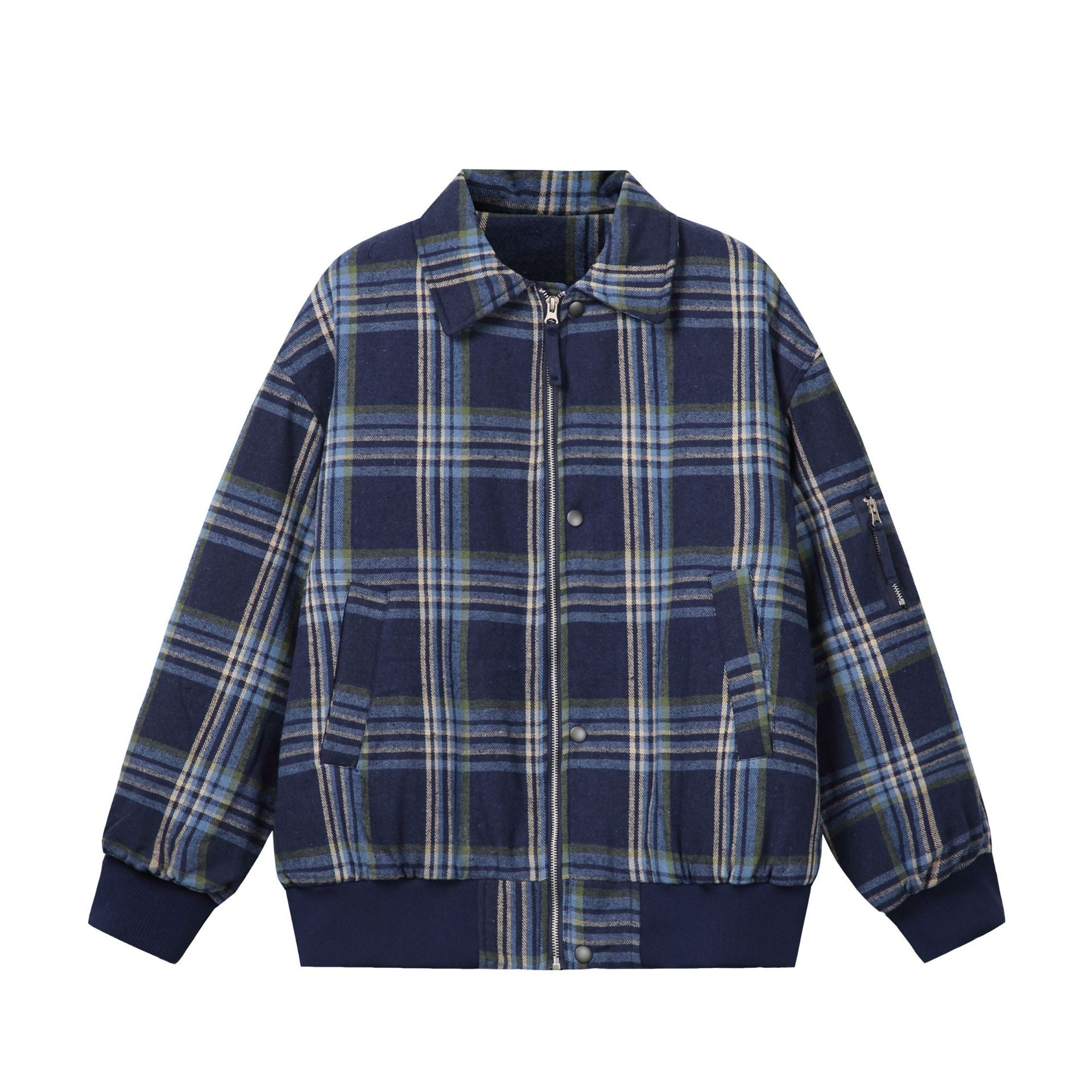 Unisex Checked Boxy Blouson in Oversized Cut with Rib Cuffs and Zipper Chichicherry