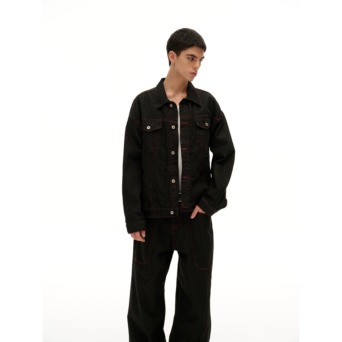 Men's Boxy Denim Jacket with Red Contrast Stitching and Metal Buttons Chichicherry