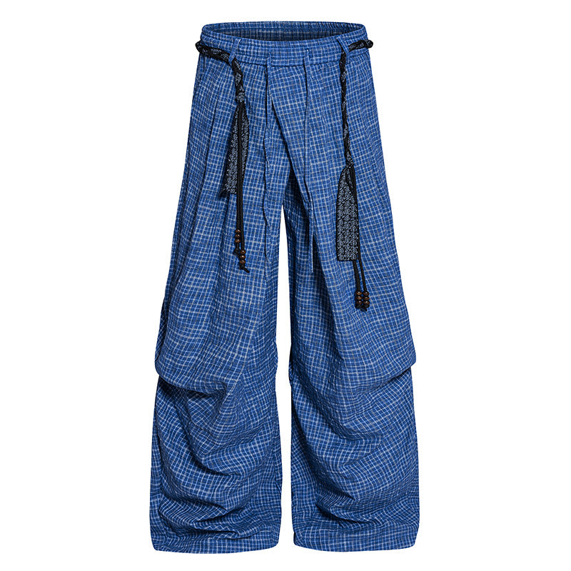 Women's wide palazzo pants with layered pleats, high waistband, and decorative cord belt Chichicherry