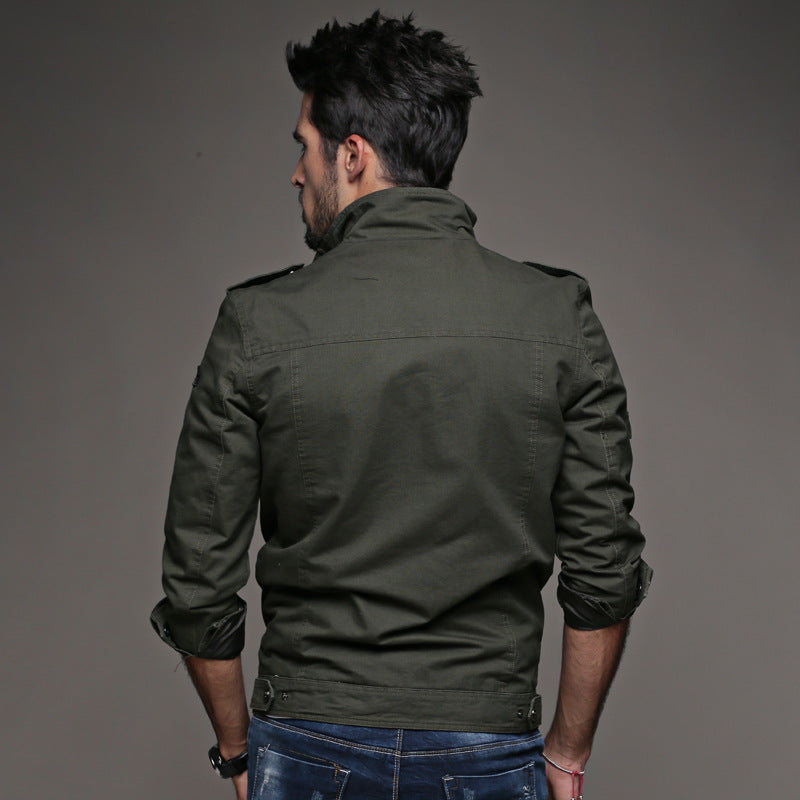 Men's robust canvas field jacket with stand-up collar, shoulder patches and multifunctional pockets Chichicherry
