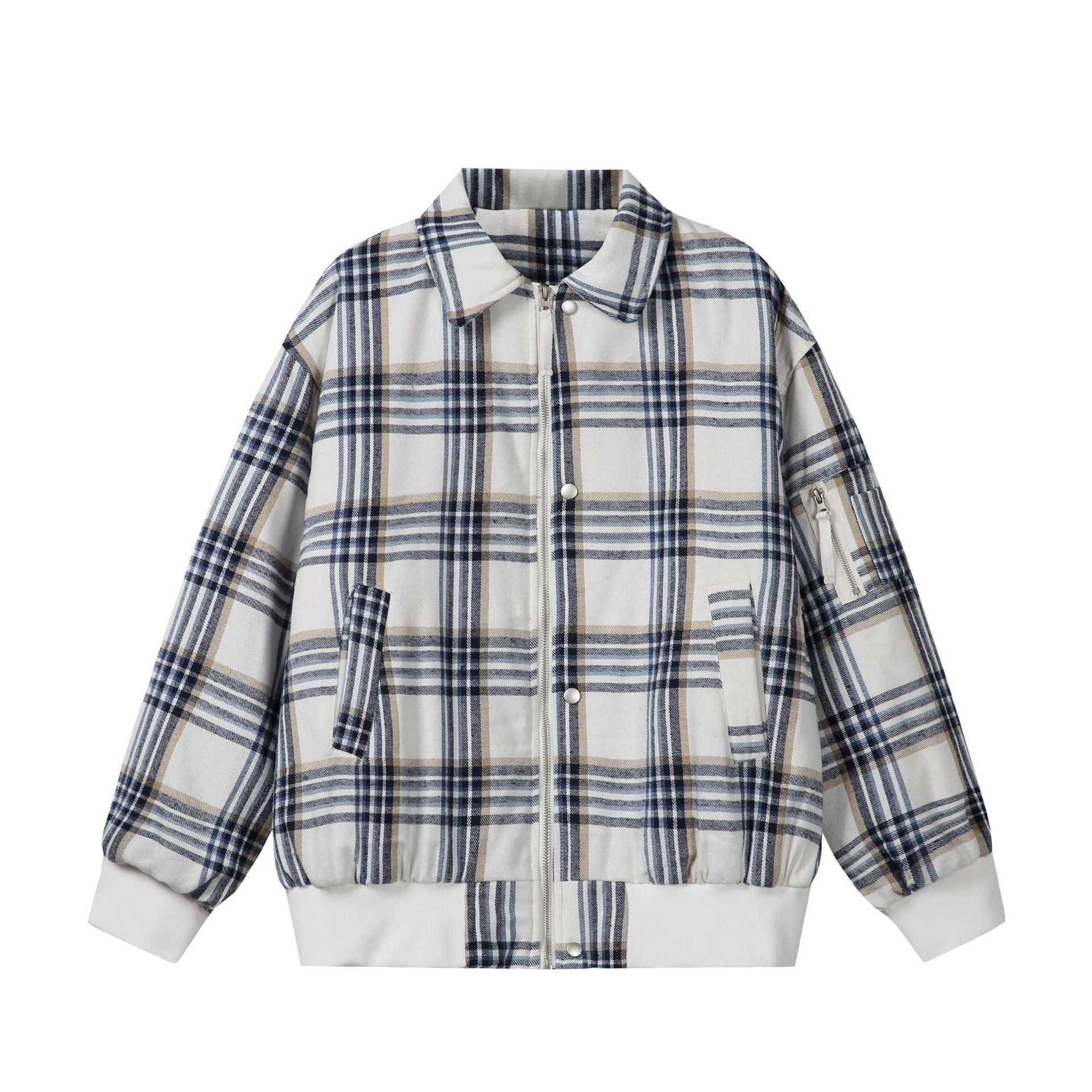 Unisex Checked Boxy Blouson in Oversized Cut with Rib Cuffs and Zipper Chichicherry