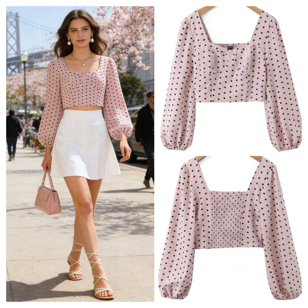 Ladies Polka Dot Bustier Crop Top with Puff Sleeves and Square Neckline Chichicherry
