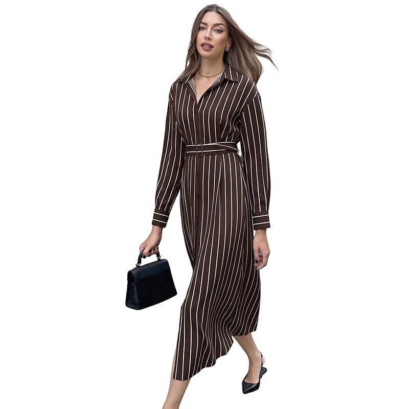 Women's Shirt Dress with Waist Belt and Vertical Pinstripe Chichicherry