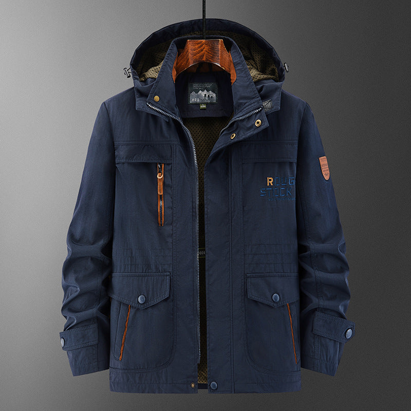 Men's Technical Field Jacket with Hood, Multi-Functional Pockets and Breathable Mesh Lining Chichicherry