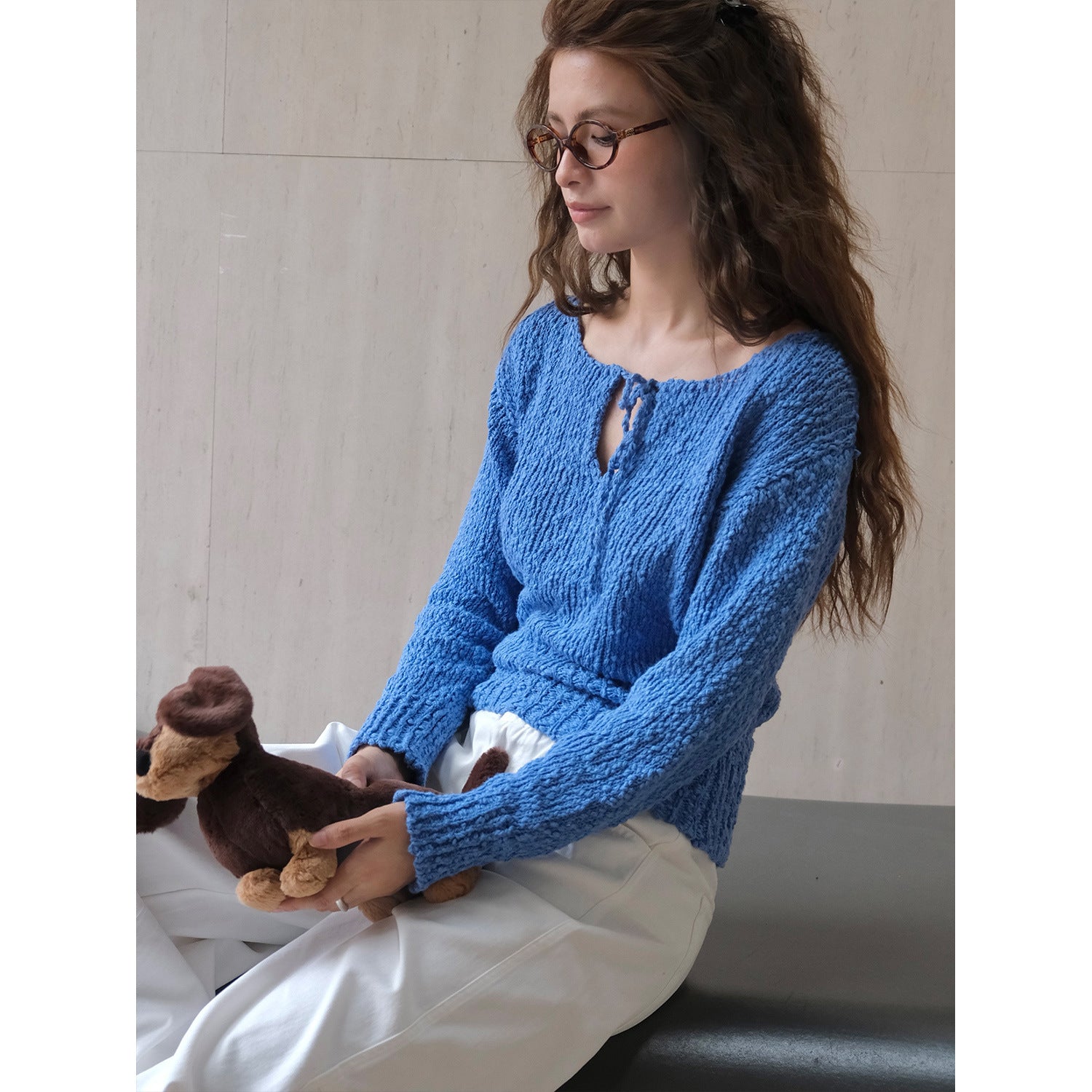 Women's chunky knit sweater with wide bateau neckline and tie belt Chichicherry
