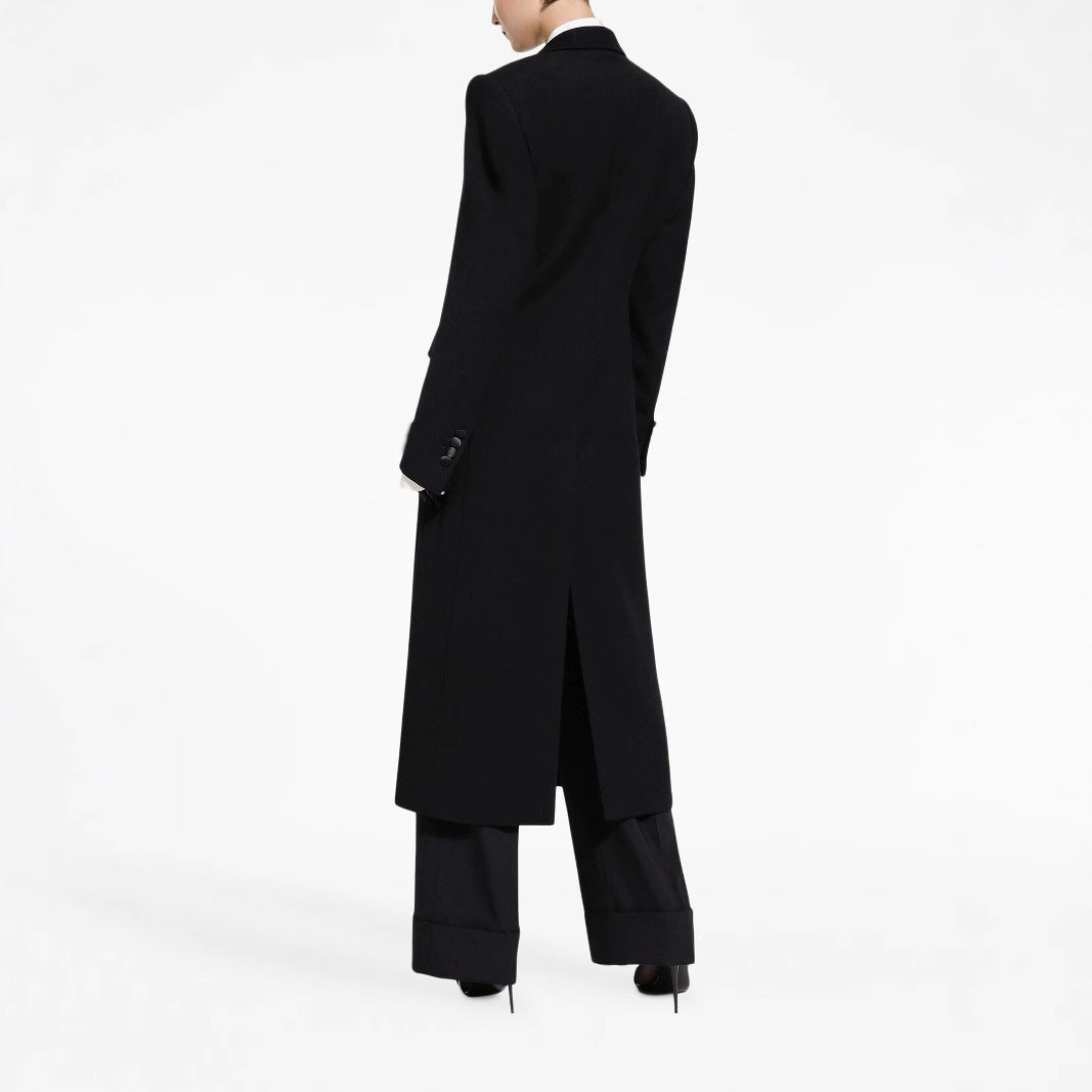 Women Elegant Tuxedo Pantsuit with Long Coat and Wide Pleated Trousers Chichicherry