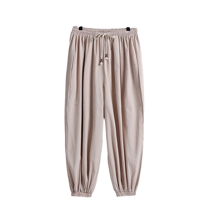 Women's wide cotton-linen casual pants with drawstring and elastic ankle cuffs Chichicherry