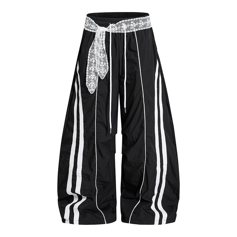 Women's Loose Palazzo Lounge Pants with Elastic Comfort Waistband, Contrast Stripes and Lace Drawstring