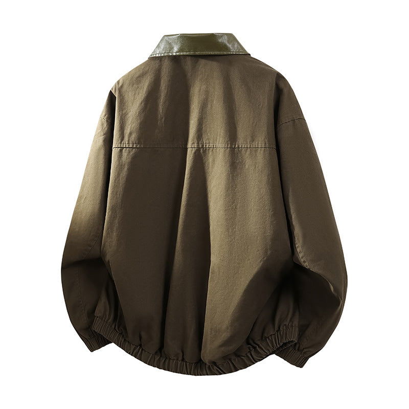 Men's Oversize Coach Jacket with Shiny Collar, Concealed Snap Placket, and Elastic Hem Chichicherry